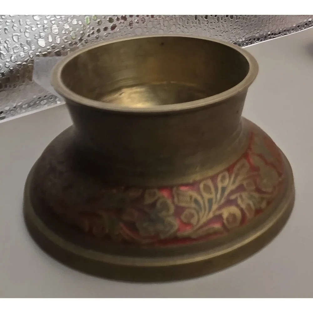1940s Solid Brass Elephant Claw Bell Red & Green Inlayed Floral Pattern 2 Pieces